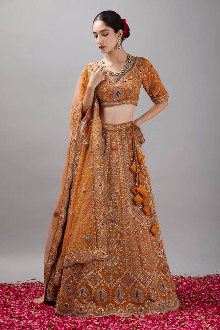 Buy_Mehar_Orange Silk, Net Gota Patti, Pearls, Sequins, Hand Embroidered Lehenga Set _Online_at_Aza_Fashions