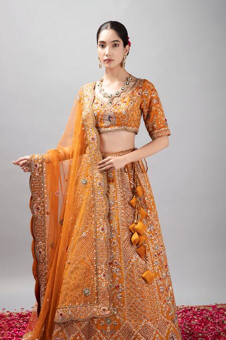 Shop_Mehar_Orange Silk, Net Gota Patti, Pearls, Sequins, Hand Embroidered Lehenga Set _Online_at_Aza_Fashions