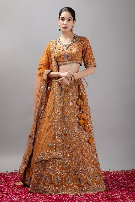 Mehar_Orange Silk, Net Gota Patti, Pearls, Sequins, Hand Embroidered Lehenga Set _at_Aza_Fashions