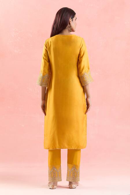 Shop Samyukta Singhania Yellow Silk, Satin, Organza Sequins, Embroidery Round Neck Kurta Pant Set at Aza Fashions Shop_Samyukta Singhania_Yellow Silk, Satin, Organza Sequins, Embroidery Round Neck Kurta Pant Set_at_Aza_Fashions