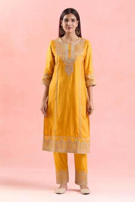 Samyukta Singhania Yellow Silk, Satin, Organza Sequins, Embroidery Round Neck Kurta Pant Set Online at Aza Fashions Samyukta Singhania_Yellow Silk, Satin, Organza Sequins, Embroidery Round Neck Kurta Pant Set_Online_at_Aza_Fashions