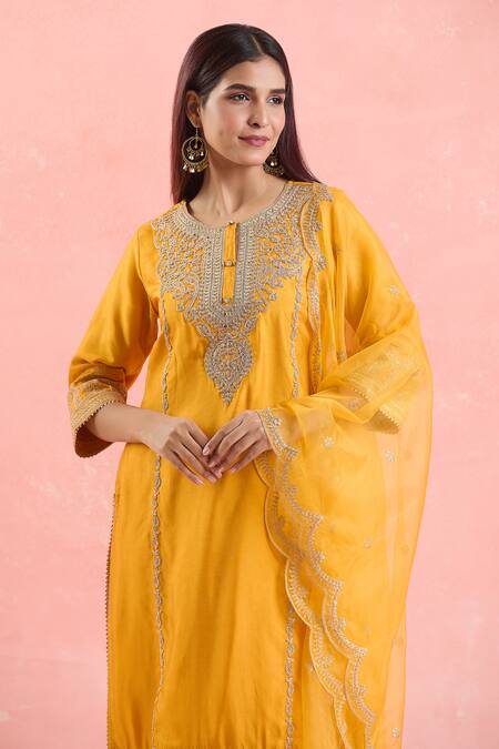 Buy Samyukta Singhania Yellow Silk, Satin, Organza Sequins, Embroidery Round Neck Kurta Pant Set Online at Aza Fashions Buy_Samyukta Singhania_Yellow Silk, Satin, Organza Sequins, Embroidery Round Neck Kurta Pant Set_Online_at_Aza_Fashions