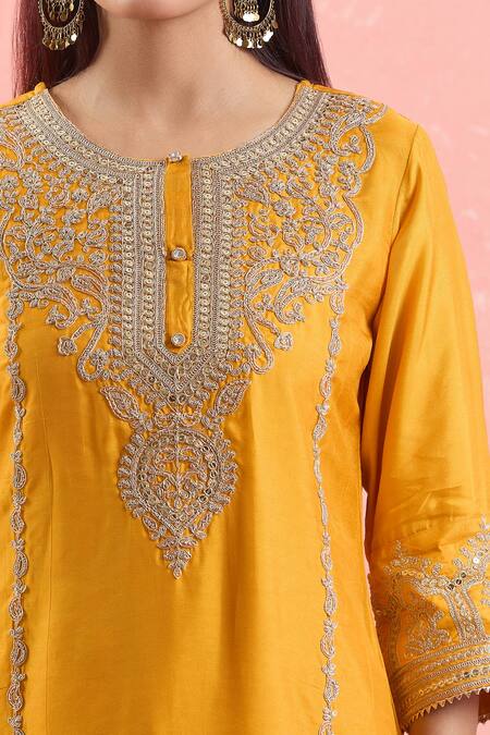 Shop Samyukta Singhania Yellow Silk, Satin, Organza Sequins, Embroidery Round Neck Kurta Pant Set Online at Aza Fashions Shop_Samyukta Singhania_Yellow Silk, Satin, Organza Sequins, Embroidery Round Neck Kurta Pant Set_Online_at_Aza_Fashions