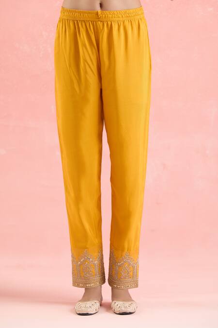 Samyukta Singhania Yellow Silk, Satin, Organza Sequins, Embroidery Round Neck Kurta Pant Set at Aza Fashions Samyukta Singhania_Yellow Silk, Satin, Organza Sequins, Embroidery Round Neck Kurta Pant Set_at_Aza_Fashions