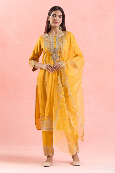Buy Samyukta Singhania Yellow Silk, Satin, Organza Sequins, Embroidery Round Neck Kurta Pant Set Buy_Samyukta Singhania_Yellow Silk, Satin, Organza Sequins, Embroidery Round Neck Kurta Pant Set