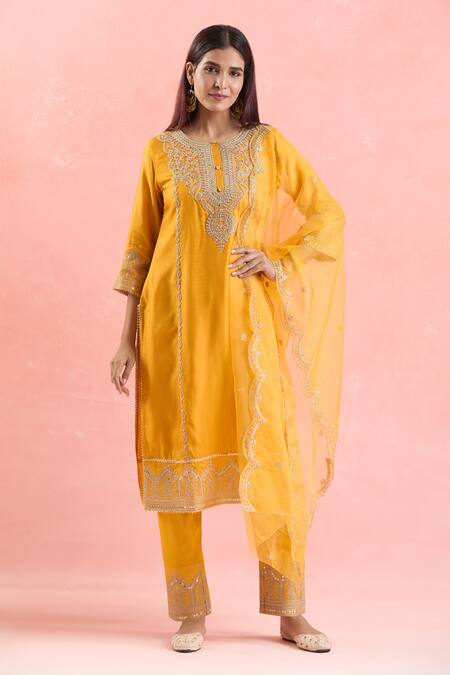 Shop Samyukta Singhania Yellow Silk, Satin, Organza Sequins, Embroidery Round Neck Kurta Pant Set Shop_Samyukta Singhania_Yellow Silk, Satin, Organza Sequins, Embroidery Round Neck Kurta Pant Set