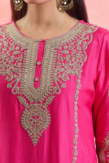 Shop Samyukta Singhania Fuchsia Silk, Organza, Satin Embroidery, Sequins Round Neck Dori Kurta Pant Set Online at Aza Fashions Shop_Samyukta Singhania_Fuchsia Silk, Organza, Satin Embroidery, Sequins Round Neck Dori Kurta Pant Set_Online_at_Aza_Fashions