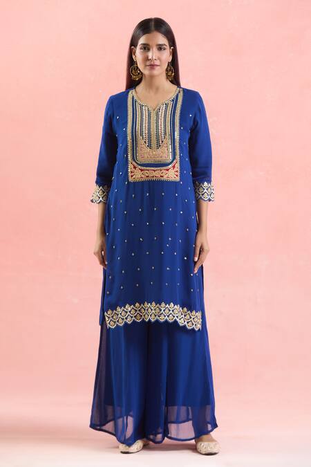 Samyukta Singhania_Blue Georgette, Organza Sequins, Embroidery, Gota And Dori Work Kurta Palazzo Set_Online_at_Aza_Fashions