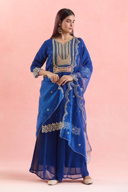 Shop_Samyukta Singhania_Blue Georgette, Organza Sequins, Embroidery, Gota And Dori Work Kurta Palazzo Set_Online_at_Aza_Fashions