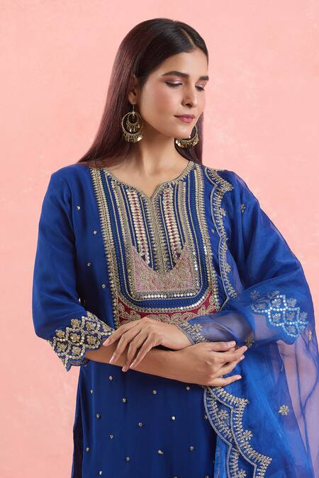 Samyukta Singhania_Blue Georgette, Organza Sequins, Embroidery, Gota And Dori Work Kurta Palazzo Set_at_Aza_Fashions