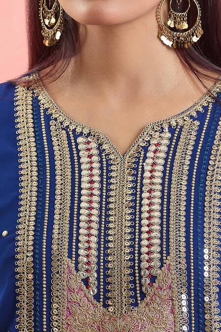 Buy_Samyukta Singhania_Blue Georgette, Organza Sequins, Embroidery, Gota And Dori Work Kurta Palazzo Set