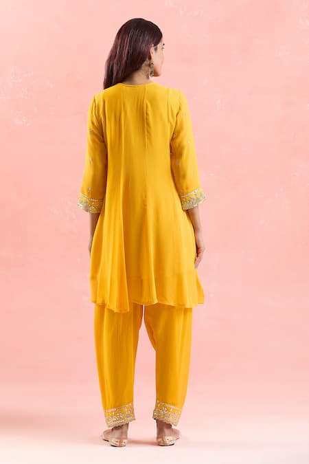 Shop_Samyukta Singhania_Yellow Georgette, Organza Gota Patti, Sequins, Embroidery Short Anarkali Set _at_Aza_Fashions