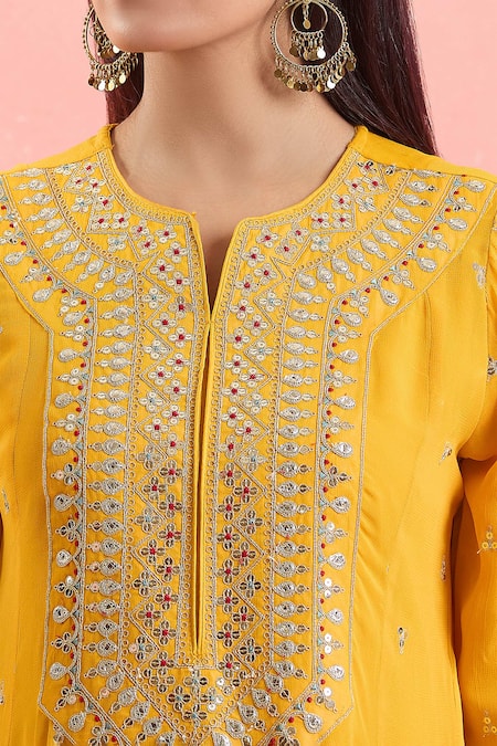 Samyukta Singhania_Yellow Georgette, Organza Gota Patti, Sequins, Embroidery Short Anarkali Set _Online_at_Aza_Fashions