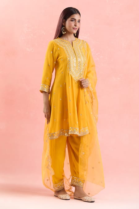 Shop_Samyukta Singhania_Yellow Georgette, Organza Gota Patti, Sequins, Embroidery Short Anarkali Set _Online_at_Aza_Fashions