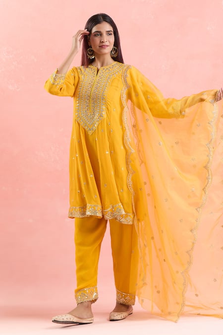Samyukta Singhania_Yellow Georgette, Organza Gota Patti, Sequins, Embroidery Short Anarkali Set _at_Aza_Fashions