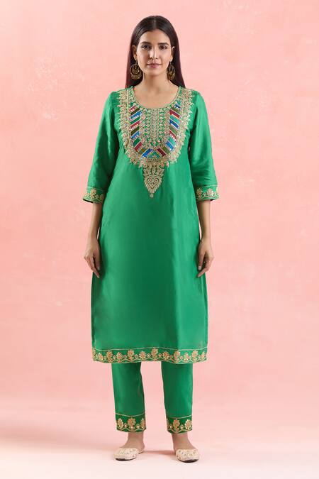 Buy_Samyukta Singhania_Green Silk, Organza Gota Patti, Sequins, Embroidery Round Neck And Dori Kurta Set_Online_at_Aza_Fashions