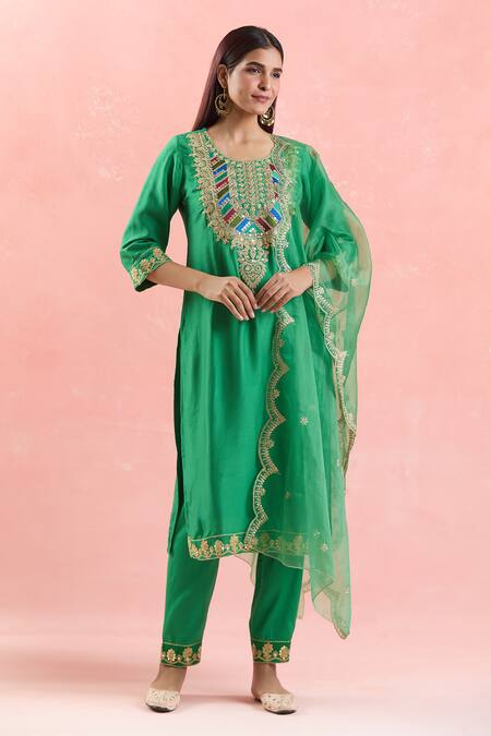 Shop_Samyukta Singhania_Green Silk, Organza Gota Patti, Sequins, Embroidery Round Neck And Dori Kurta Set_Online_at_Aza_Fashions