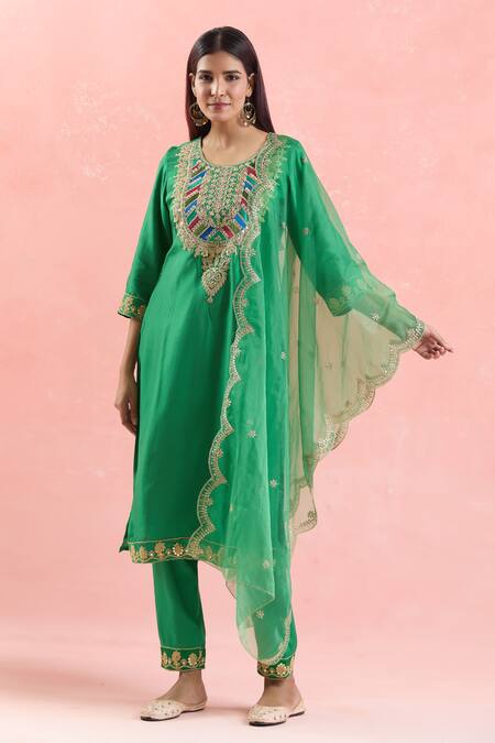 Samyukta Singhania_Green Silk, Organza Gota Patti, Sequins, Embroidery Round Neck And Dori Kurta Set_at_Aza_Fashions