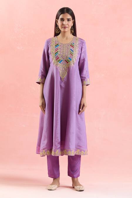 Samyukta Singhania Purple Organza Sequins, Embroidery, Gota Patti Round Neck Anarkali Set Online at Aza Fashions Samyukta Singhania_Purple Organza Sequins, Embroidery, Gota Patti Round Neck Anarkali Set_Online_at_Aza_Fashions