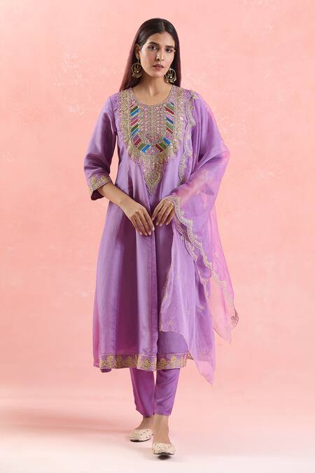 Shop Samyukta Singhania Purple Organza Sequins, Embroidery, Gota Patti Round Neck Anarkali Set Online at Aza Fashions Shop_Samyukta Singhania_Purple Organza Sequins, Embroidery, Gota Patti Round Neck Anarkali Set_Online_at_Aza_Fashions