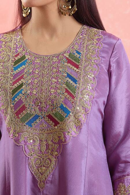 Shop Samyukta Singhania Purple Organza Sequins, Embroidery, Gota Patti Round Neck Anarkali Set Shop_Samyukta Singhania_Purple Organza Sequins, Embroidery, Gota Patti Round Neck Anarkali Set