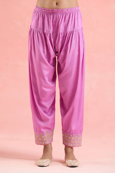 Samyukta Singhania_Purple Silk, Organza, Satin Sequins, Embroidery Round Neck Anarkali Pant Set _Online_at_Aza_Fashions