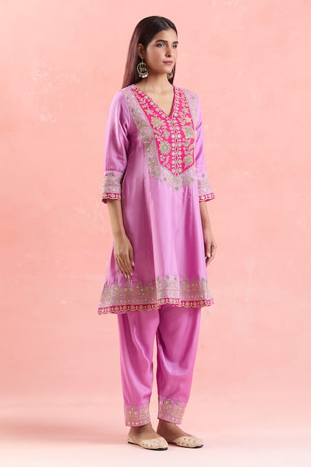 Buy_Samyukta Singhania_Purple Silk, Organza, Satin Sequins, Embroidery Round Neck Anarkali Pant Set _Online_at_Aza_Fashions