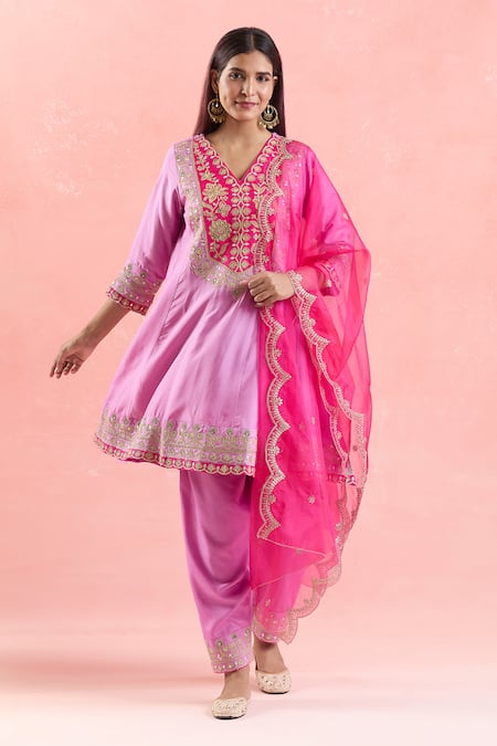 Shop_Samyukta Singhania_Purple Silk, Organza, Satin Sequins, Embroidery Round Neck Anarkali Pant Set _Online_at_Aza_Fashions