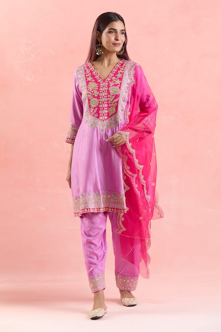Samyukta Singhania_Purple Silk, Organza, Satin Sequins, Embroidery Round Neck Anarkali Pant Set _at_Aza_Fashions