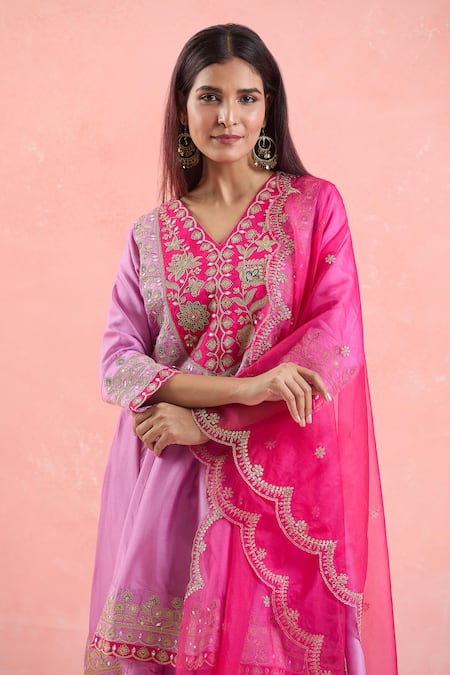 Buy_Samyukta Singhania_Purple Silk, Organza, Satin Sequins, Embroidery Round Neck Anarkali Pant Set 