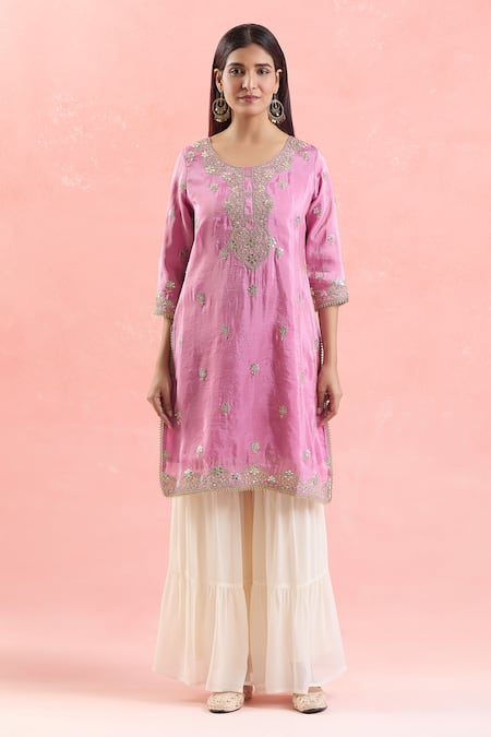 Samyukta Singhania_Pink Organza, Georgette Embroidery Round Neck Gota And Dori Work Kurta Set _Online_at_Aza_Fashions