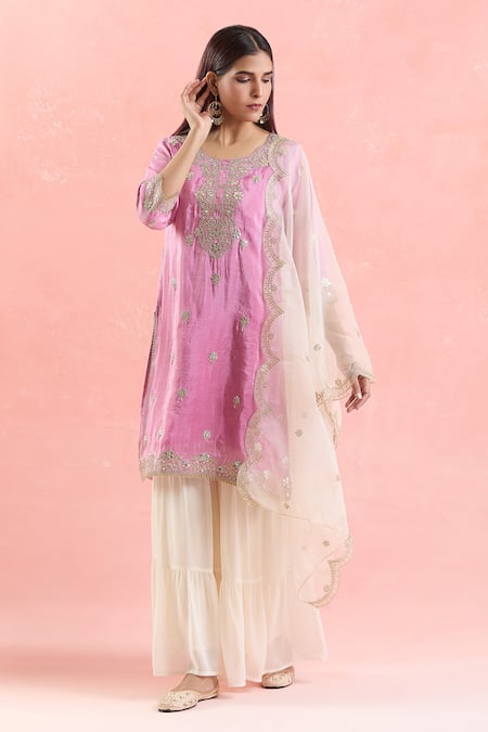 Buy_Samyukta Singhania_Pink Organza, Georgette Embroidery Round Neck Gota And Dori Work Kurta Set _Online_at_Aza_Fashions