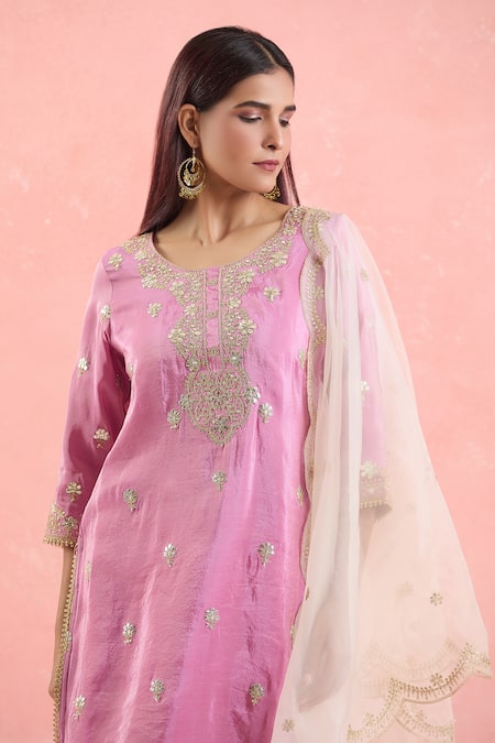 Shop_Samyukta Singhania_Pink Organza, Georgette Embroidery Round Neck Gota And Dori Work Kurta Set _Online_at_Aza_Fashions