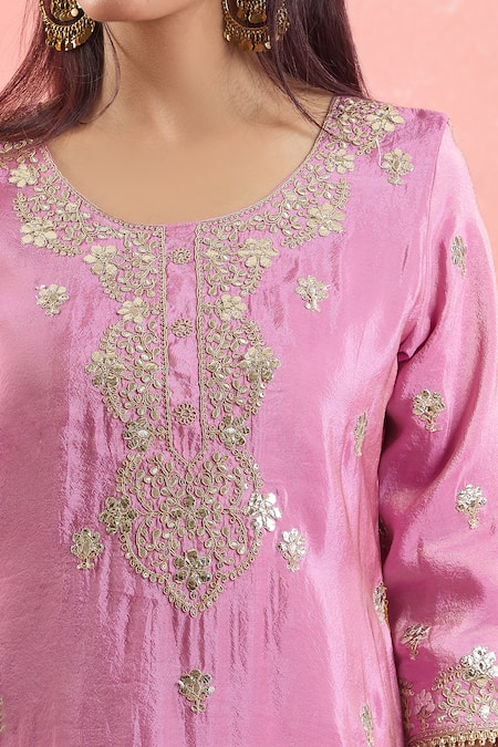 Samyukta Singhania_Pink Organza, Georgette Embroidery Round Neck Gota And Dori Work Kurta Set _at_Aza_Fashions