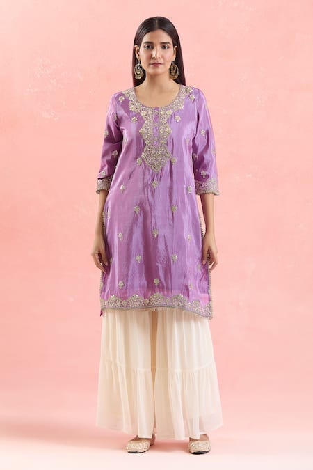 Buy_Samyukta Singhania_Purple Organza, Georgette Embroidery, Gota Patti Round Neck Kurta Sharara Set _Online_at_Aza_Fashions