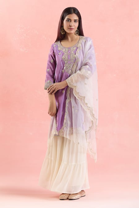 Shop_Samyukta Singhania_Purple Organza, Georgette Embroidery, Gota Patti Round Neck Kurta Sharara Set _Online_at_Aza_Fashions