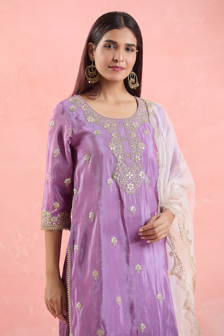 Samyukta Singhania_Purple Organza, Georgette Embroidery, Gota Patti Round Neck Kurta Sharara Set _at_Aza_Fashions
