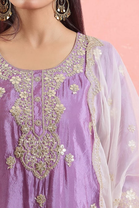 Buy_Samyukta Singhania_Purple Organza, Georgette Embroidery, Gota Patti Round Neck Kurta Sharara Set 