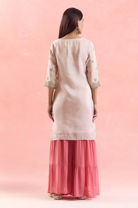 Shop Samyukta Singhania Rose Gold Organza, Georgette Gota Patti, Embroidery, Sequins Kurta Sharara Set at Aza Fashions Shop_Samyukta Singhania_Rose Gold Organza, Georgette Gota Patti, Embroidery, Sequins Kurta Sharara Set_at_Aza_Fashions