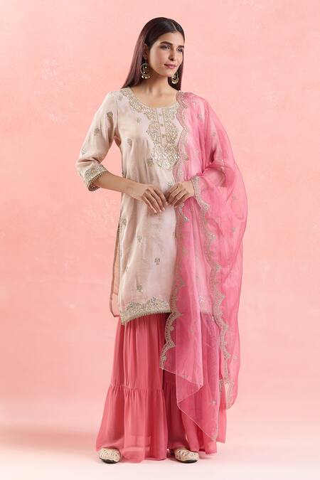 Buy Samyukta Singhania Rose Gold Organza, Georgette Gota Patti, Embroidery, Sequins Kurta Sharara Set Online at Aza Fashions Buy_Samyukta Singhania_Rose Gold Organza, Georgette Gota Patti, Embroidery, Sequins Kurta Sharara Set_Online_at_Aza_Fashions