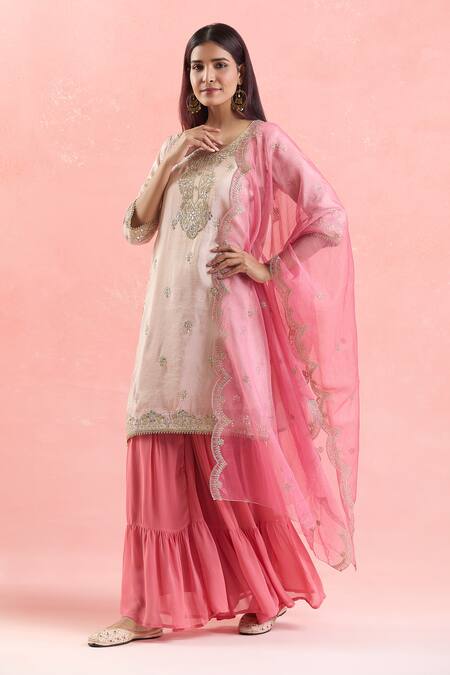 Shop Samyukta Singhania Rose Gold Organza, Georgette Gota Patti, Embroidery, Sequins Kurta Sharara Set Online at Aza Fashions Shop_Samyukta Singhania_Rose Gold Organza, Georgette Gota Patti, Embroidery, Sequins Kurta Sharara Set_Online_at_Aza_Fashions