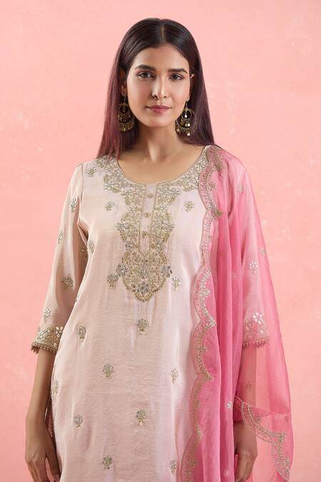 Samyukta Singhania Rose Gold Organza, Georgette Gota Patti, Embroidery, Sequins Kurta Sharara Set at Aza Fashions Samyukta Singhania_Rose Gold Organza, Georgette Gota Patti, Embroidery, Sequins Kurta Sharara Set_at_Aza_Fashions