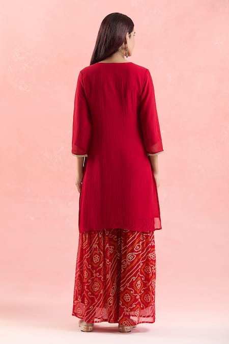 Shop Samyukta Singhania Red Georgette, Organza Embroidery, Sequins, Gota Dori And Kurta Sharara Set at Aza Fashions Shop_Samyukta Singhania_Red Georgette, Organza Embroidery, Sequins, Gota Dori And Kurta Sharara Set _at_Aza_Fashions