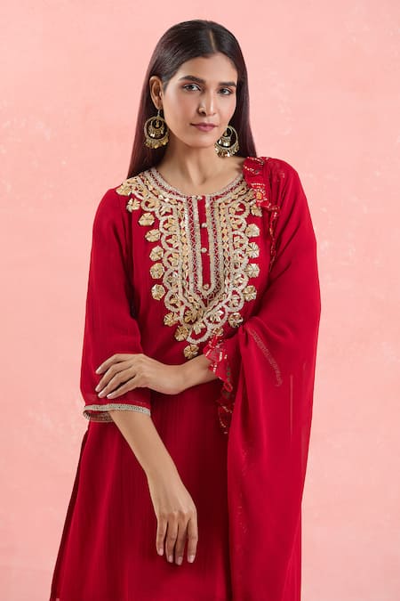 Buy Samyukta Singhania Red Georgette, Organza Embroidery, Sequins, Gota Dori And Kurta Sharara Set Online at Aza Fashions Buy_Samyukta Singhania_Red Georgette, Organza Embroidery, Sequins, Gota Dori And Kurta Sharara Set _Online_at_Aza_Fashions