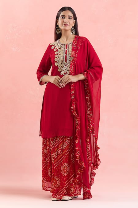 Samyukta Singhania Red Georgette, Organza Embroidery, Sequins, Gota Dori And Kurta Sharara Set at Aza Fashions Samyukta Singhania_Red Georgette, Organza Embroidery, Sequins, Gota Dori And Kurta Sharara Set _at_Aza_Fashions