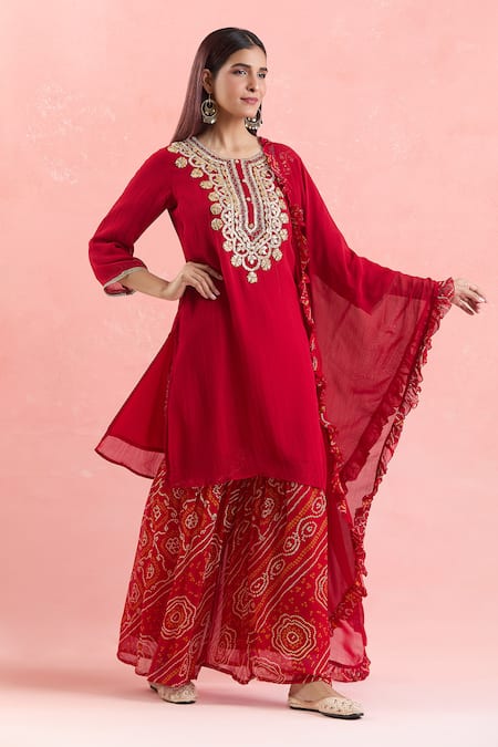 Buy Samyukta Singhania Red Georgette, Organza Embroidery, Sequins, Gota Dori And Kurta Sharara Set Buy_Samyukta Singhania_Red Georgette, Organza Embroidery, Sequins, Gota Dori And Kurta Sharara Set