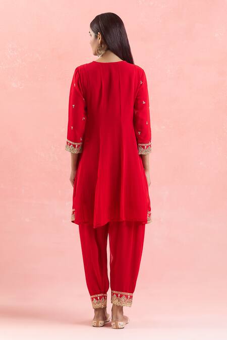 Shop_Samyukta Singhania_Red Georgette, Organza Gota Patti, Embroidery Split V-neck And Dori Anarkali Set_at_Aza_Fashions