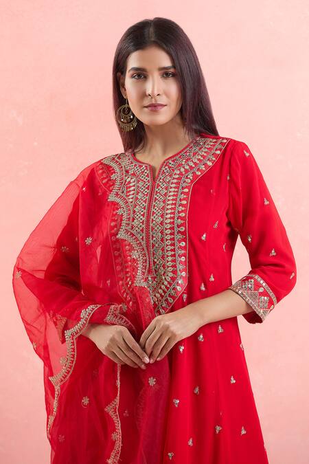 Buy_Samyukta Singhania_Red Georgette, Organza Gota Patti, Embroidery Split V-neck And Dori Anarkali Set_Online_at_Aza_Fashions