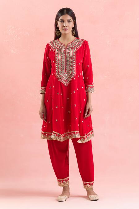 Shop_Samyukta Singhania_Red Georgette, Organza Gota Patti, Embroidery Split V-neck And Dori Anarkali Set_Online_at_Aza_Fashions