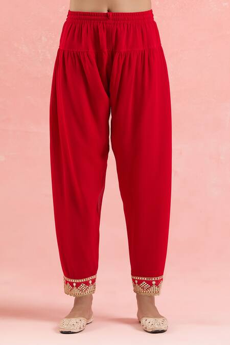 Samyukta Singhania_Red Georgette, Organza Gota Patti, Embroidery Split V-neck And Dori Anarkali Set_at_Aza_Fashions